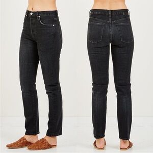 CQY Icon in Unify High Rise Slim Jean Black Salvage Denim